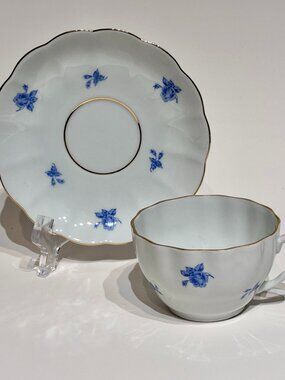 Vintage Arabia Finland Blue Roses Gold Accented Porcelain Teacup and Saucer Set